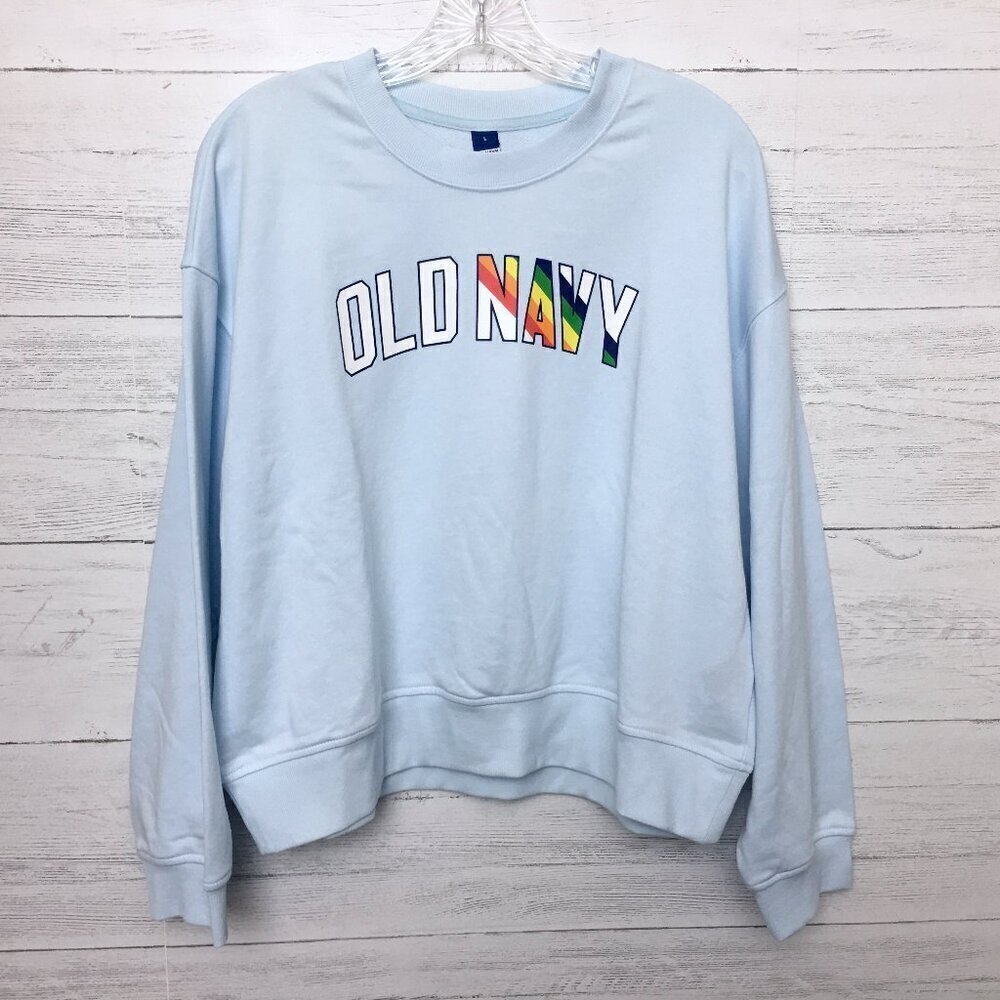 NEW Old Navy Light Blue Logo Rainbow Sweatshirt Spell Out size Large